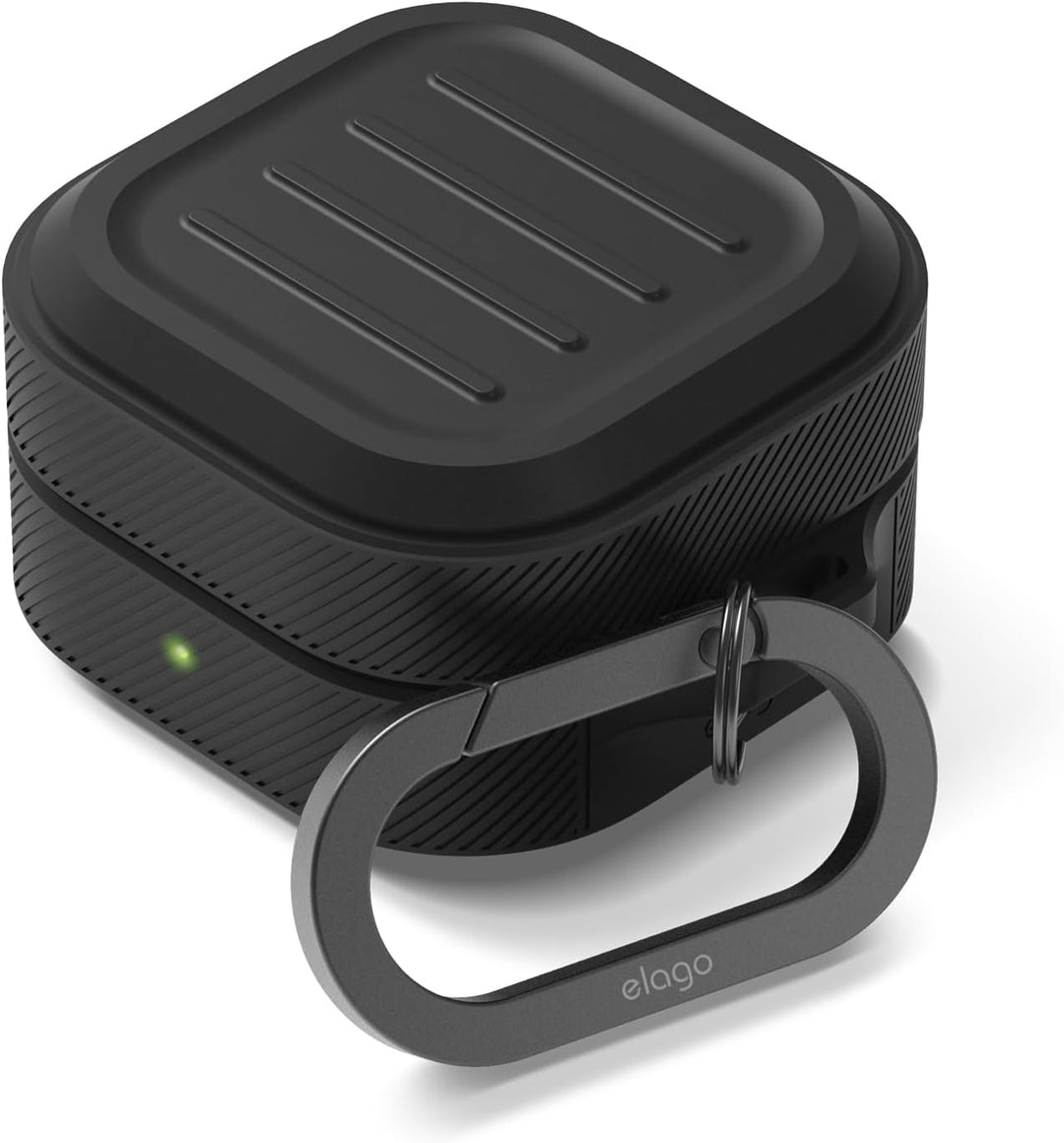MobileTechnica’s black silicone case for Samsung Galaxy Buds 4 Pro & Buds 4 features diagonal grip lines, a green LED indicator, and a detachable "elago" metal carabiner, shown against a sleek cover background. Wireless charging compatible.