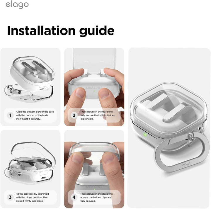 A step-by-step guide for installing the MobileTechnica Samsung Galaxy Buds 4 Pro & Buds 4 Premium Clear Case, shown in a carousel—images align the clear cover, secure it, and reveal wireless charging with LED and ring for an A+ module.