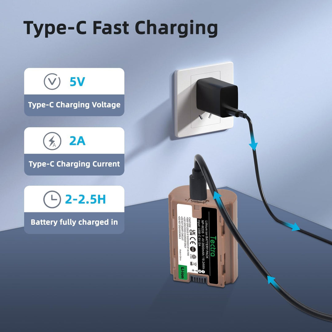 A MobileTechnica Tectra NP-W235 battery for Fujifilm charges via USB-C from a black adapter in a white outlet on a white background. Blue arrows show power flow; text notes 5V, 2A, and full charge in 2–2.5 hours for compatible Fujifilm cameras.