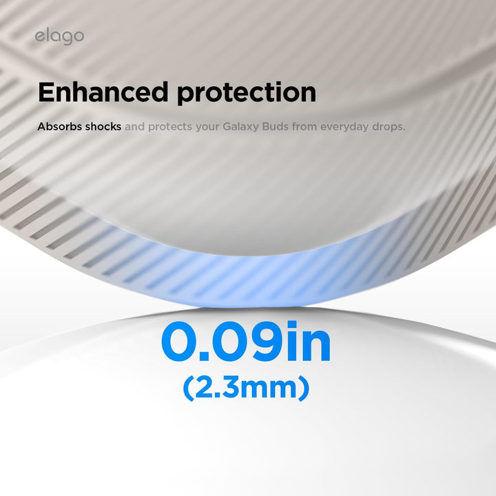 A sleek cover graphic shows a thin, curved layer labeled “Enhanced protection.” Bold blue text reads “0.09in (2.3mm),” highlighting the premium silicone case’s shock absorption for Galaxy Buds 4 Pro, by MobileTechnica.