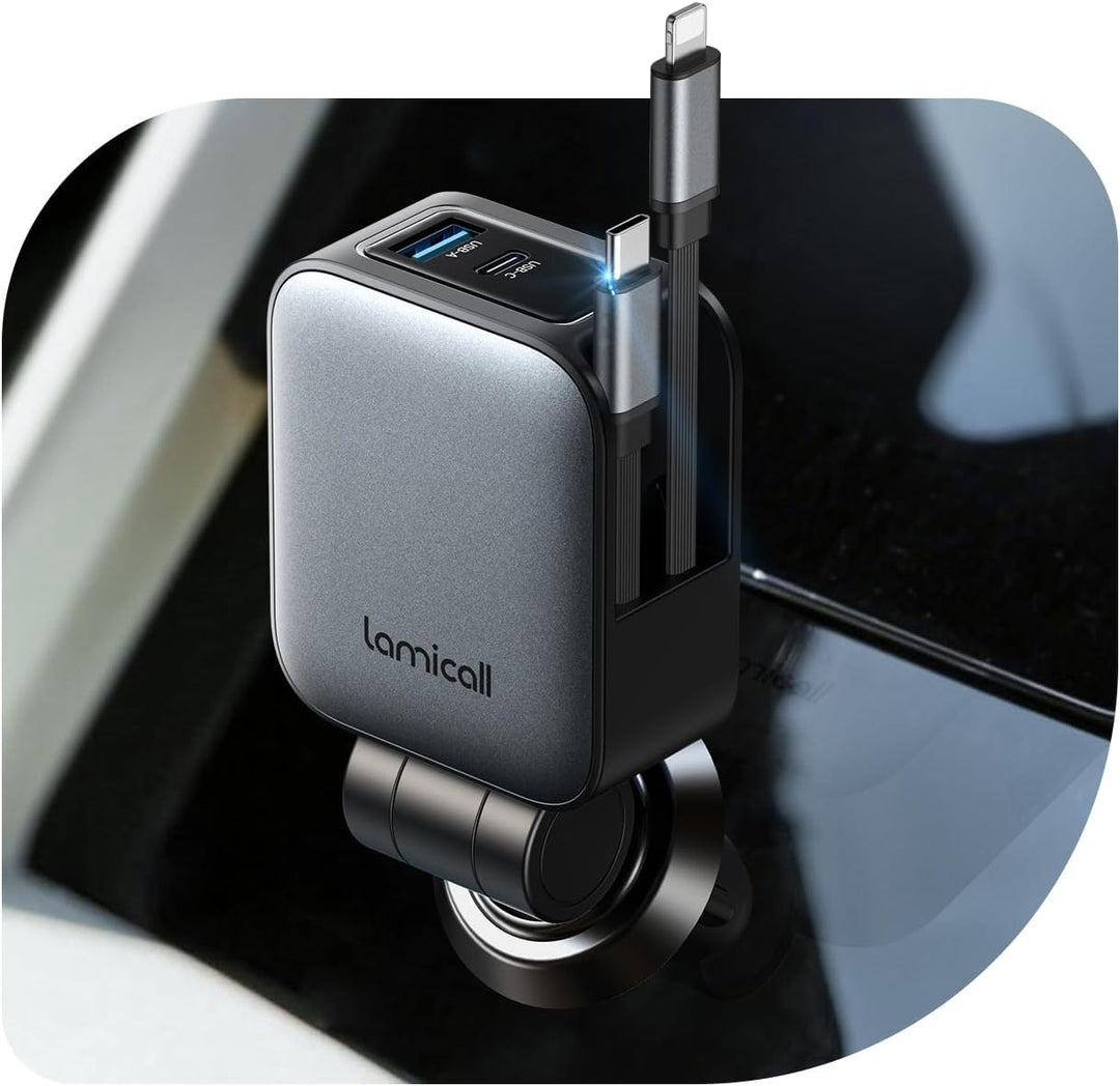Lamicall 4 in1 Retractable Car Charger, 75W [Upgrade-Compact] Car Phone Charger Cigarette Lighter Adapter Fast Charging with 80cm Type-C/Lightning Cable for iPhone 17 Pro Max Air/16/15, Galaxy, Pixel