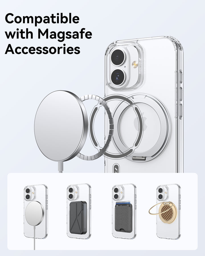 A clear iPhone 17 case with a magnetic stand by Raptic shows MagSafe rings aligning with a charger. Four images highlight use with a charger, card holder, wallet, and phone grip. Text reads: “Compatible with MagSafe Accessories.”.