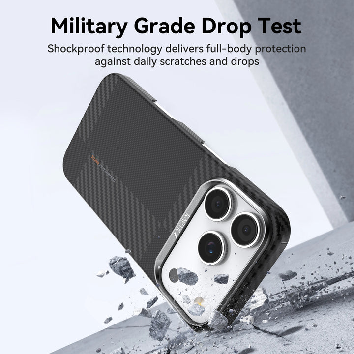 The Raptic Geotik iPhone 17 Aramid Fibre Case is shown in black as it falls onto concrete, scattering debris. Text reads: "Military Grade Drop Test. Raptic shockproof tech shields your phone from scratches and drops.