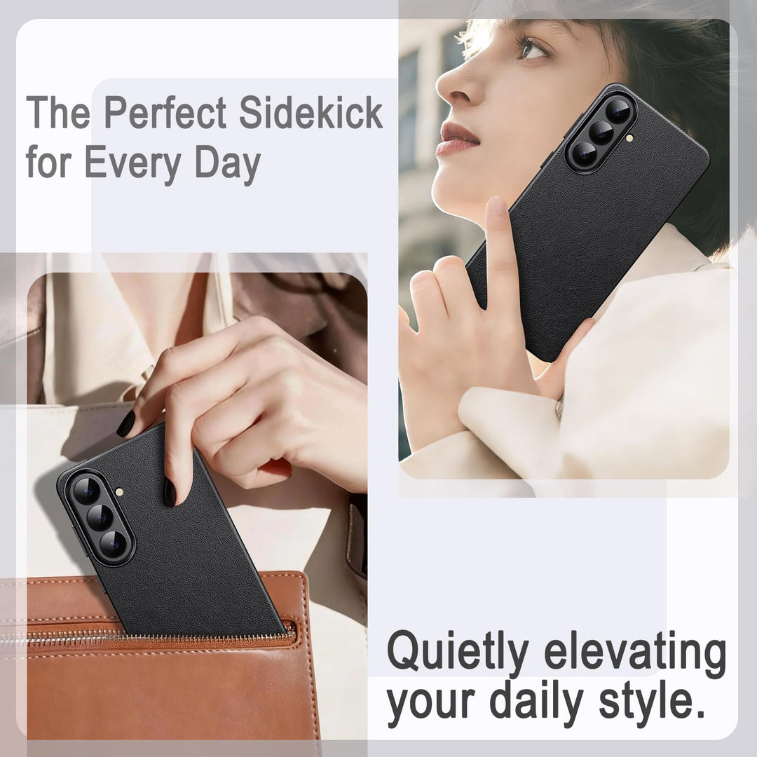 A woman holds a black Samsung Galaxy S26 Ultra with the MobileTechnica JETech Leather Magsafe case—then slips it into her tan purse. Text reads, “The Perfect Sidekick for Every Day” and “Quietly elevating your daily style.”.