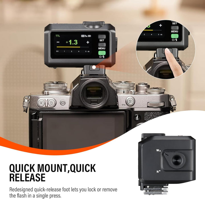 A close-up of the Godox iT30 Pro N for Nikon – Black by MobileTechnica shows its premium quick-release module. Inset: a finger presses the redesigned foot’s button. Text: “Quick Mount, Quick Release—lock or remove flash in a single press.”.