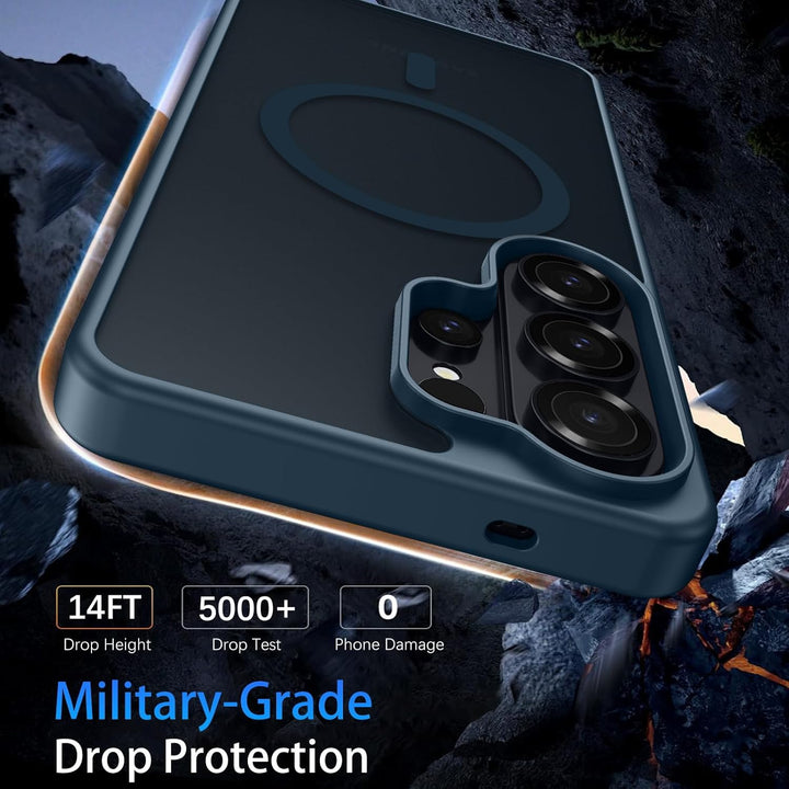 A grey MobileTechnica Samsung Galaxy S26 Ultra Case with MagSafe is pictured above cracked rocks. Text highlights "Military-Grade Drop Protection,” “14FT Drop Height,” "5000+ Drop Test," and "0 Phone Damage." The triple camera is visible.