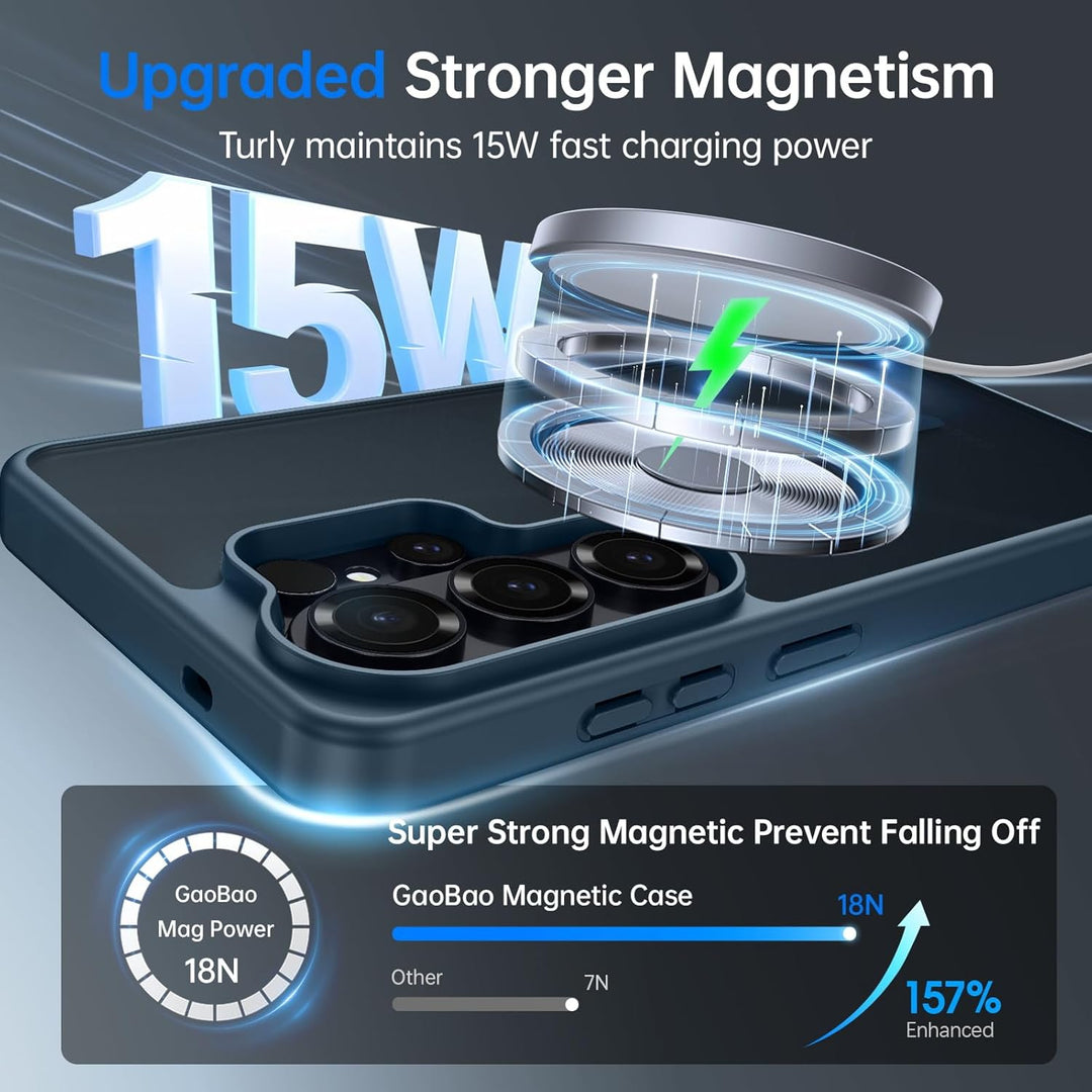 The MobileTechnica Samsung Galaxy S26 Ultra Case with MagSafe (Grey) is shown wirelessly charging at 15W, featuring military-grade drop protection, “Upgraded Stronger Magnetism,” and “157% enhanced strength” to prevent slipping.