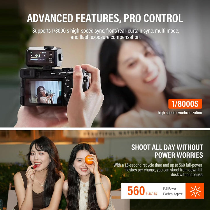The background shows the Godox iT30 Pro N for Nikon by MobileTechnica photographing a smiling woman. Below, two women pose with drinks and fruit. Text highlights 1/8000s sync, multi-mode flash, 560 flashes per charge, and fast recycle time.
