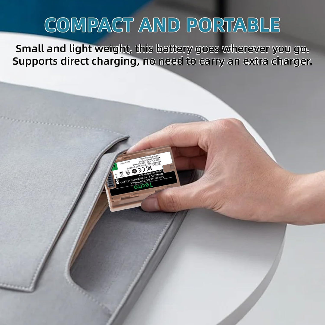 A hand places the Tectra NP-W235 USB-C Fast Charging Battery by MobileTechnica into a gray bag, emphasizing its compact, lightweight build and direct charging—no separate charger needed. For Fujifilm X-T5/X-T4/X-H2S/GFX100 II, fully charges in 2.5 hours.
