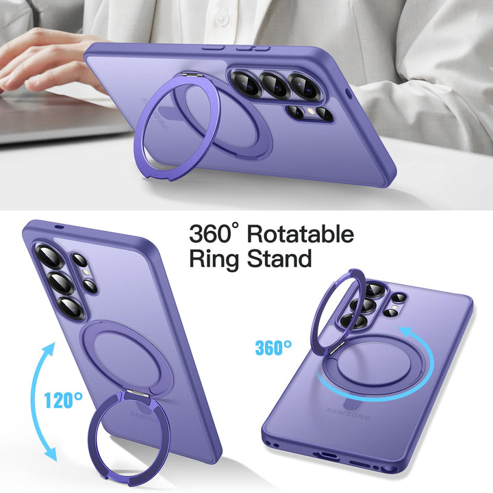 A MobileTechnica Samsung Galaxy S26 Ultra Case with MagSafe in Heron Purple is displayed from different angles, showing its 360° rotatable ring stand that props the phone at 120°. "360° Rotatable Ring Stand" text appears; a laptop user is in the background.