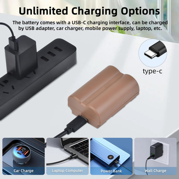 The MobileTechnica Tectra NP-W235 USB-C Fast Charging Battery for Fujifilm (X-T5, X-T4, X-H2S, X-H2, etc.) is shown charging via car charger, laptop, power bank, and wall outlet—emphasizing versatility and a close-up of the type-C port.