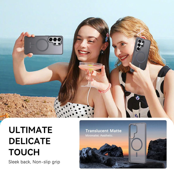 Two smiling women take a selfie outdoors with the MobileTechnica Samsung Galaxy S26 Ultra Case with MagSafe - Grey. One holds a drink. On a rock below, the case is shown with “Translucent Matte Minimalist Aesthetic” and “ULTIMATE DELICATE TOUCH.”.