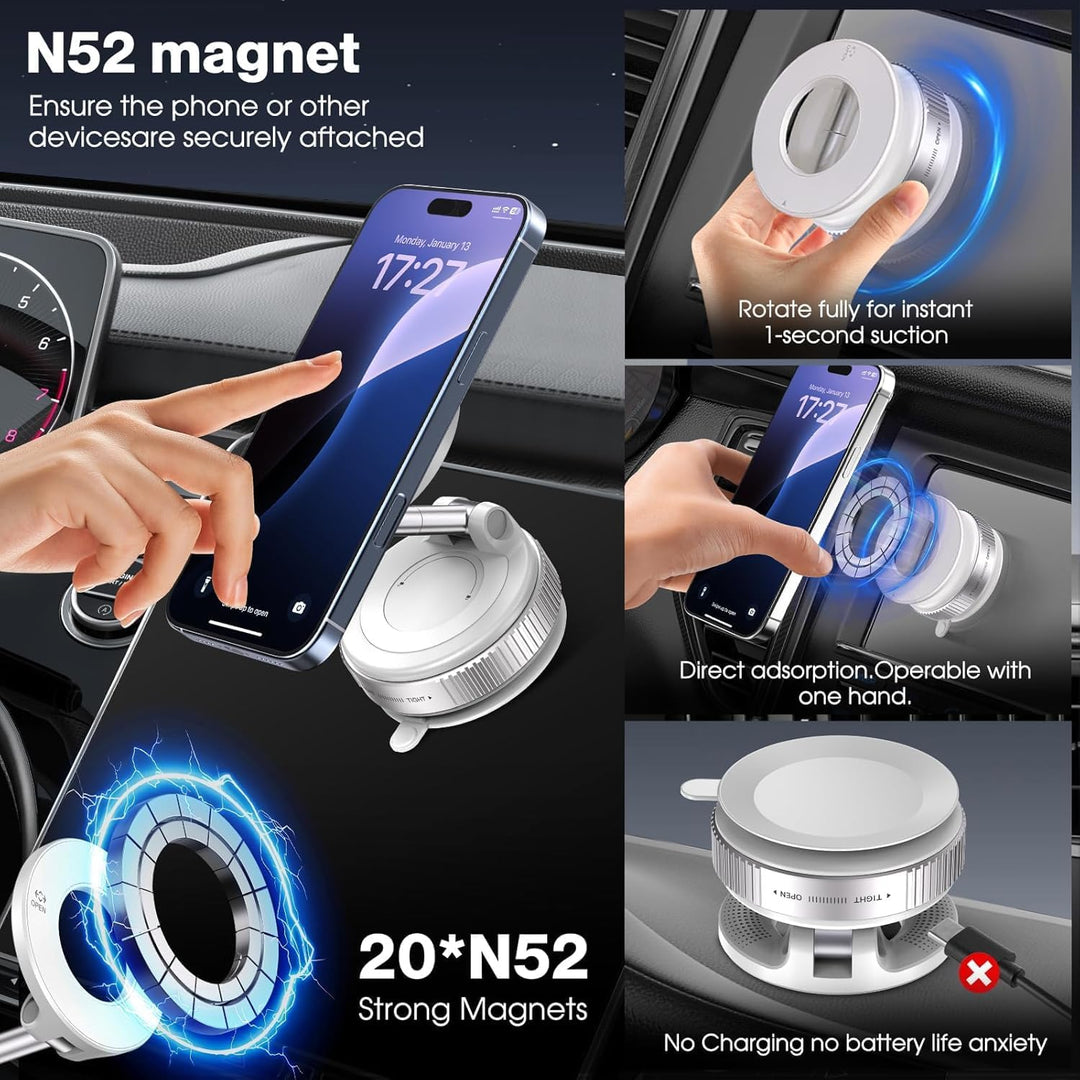 The iPhone 17 Clear Case with Magnetic Stand – Raptic Air Stand by Raptic is magnetically attached to a car dashboard via a circular white holder, showcasing N52 magnet strength, 360° rotation, one-hand use, and no charging needed. Blue rings highlight its power.