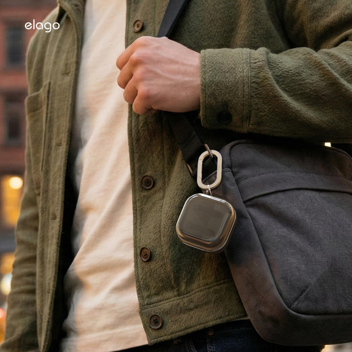 elago Duo Case with Carabiner, Compatible with Samsung Galaxy Buds 4 Pro Case & Galaxy Buds 4 Case, Premium Silicone + TPU Cover, Wireless Charging, for Men, for Women (Clear - Black)