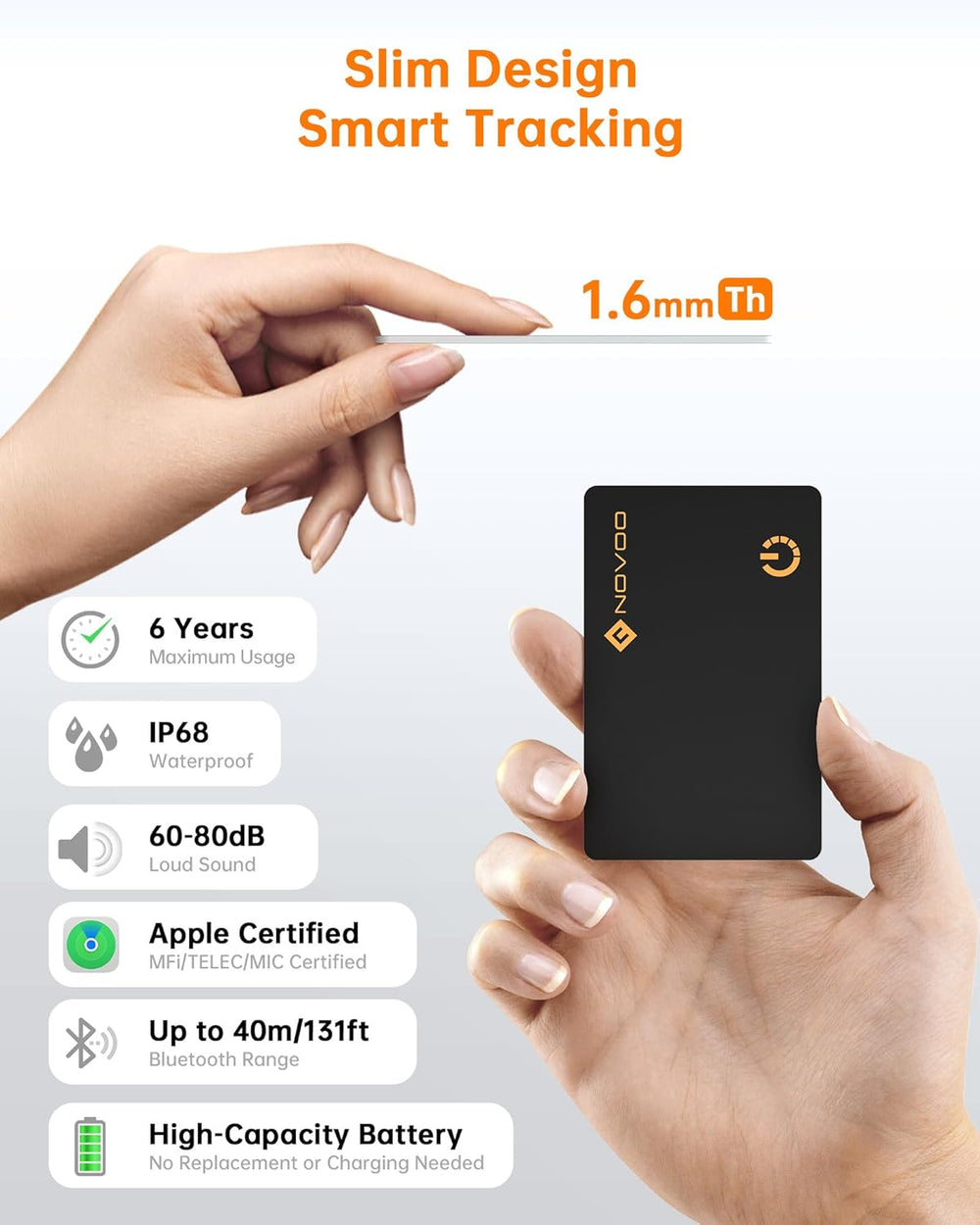 NOVOO Ultra-Slim Smart Card Bluetooth Tracker, 1.6mm Thin with 6-Year Battery, IP68 Waterproof GPS Item Finder, Apple Find My Compatible (iOS Only) Air Locator Tag for Wallet, Keys, Luggage, Passport