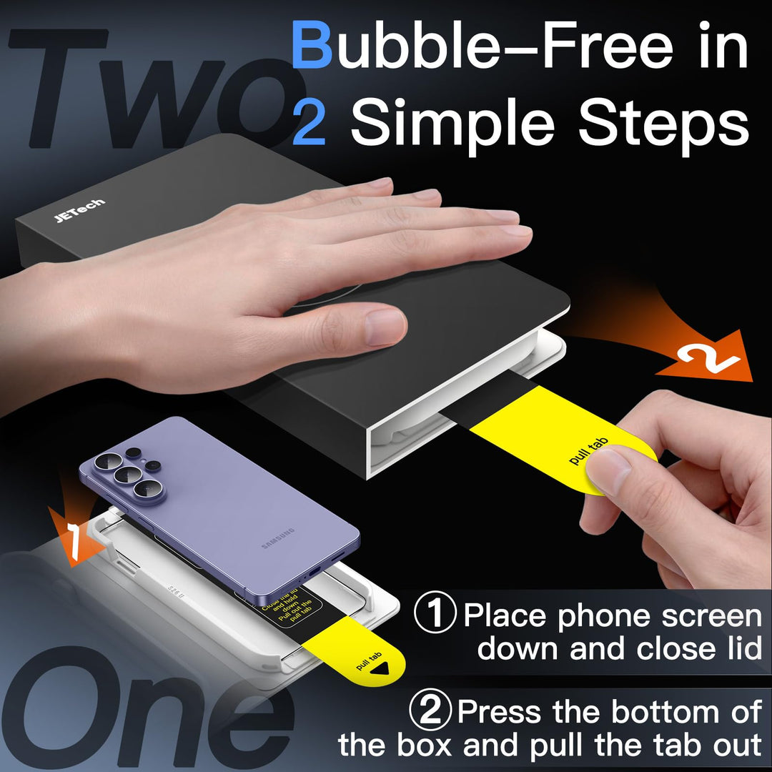 A hand closes a black box over a Galaxy S26 Ultra, readying the MobileTechnica Antireflective Screen Protector Glass Film 2-Pack for easy install. Another hand pulls the yellow "Pull tab" for smooth application.