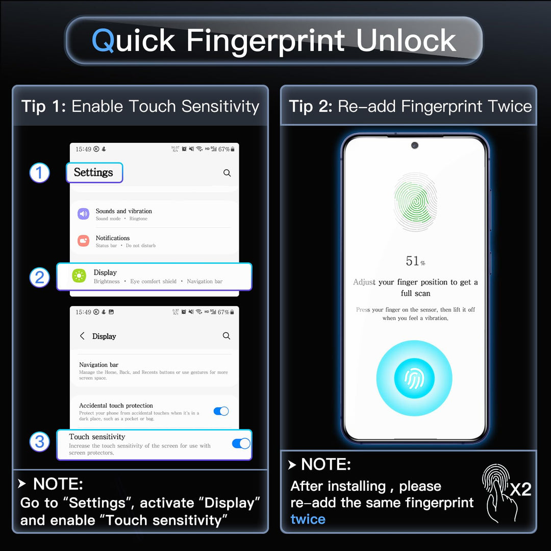 Two panels show how to easily set up fingerprint unlock on a phone with the MobileTechnica Samsung Galaxy S26 Ultra Screen Protector Glass Film, Antireflective 2-Pack. Notes in each panel highlight the simple steps for enabling and registering your fingerprint.
