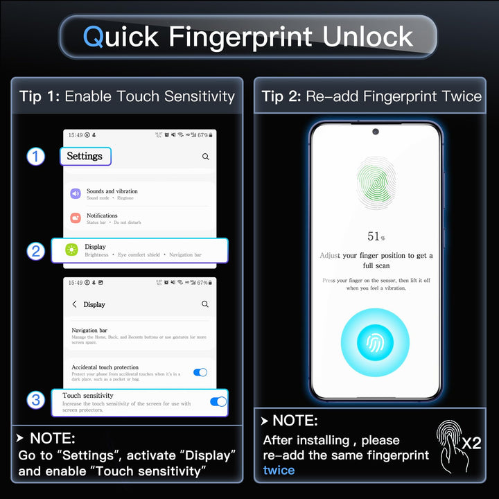 Two panels show how to easily set up fingerprint unlock on a phone with the MobileTechnica Samsung Galaxy S26 Ultra Screen Protector Glass Film, Antireflective 2-Pack. Notes in each panel highlight the simple steps for enabling and registering your fingerprint.