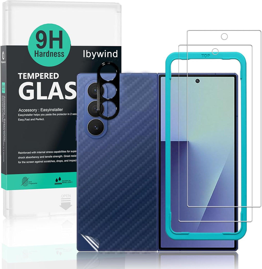The MobileTechnica Samsung Galaxy Z Fold 7 Screen Protector kit includes two 9H hardness tempered glass protectors, camera lens protectors, and a turquoise alignment frame, all shown in front of a stylish background.
