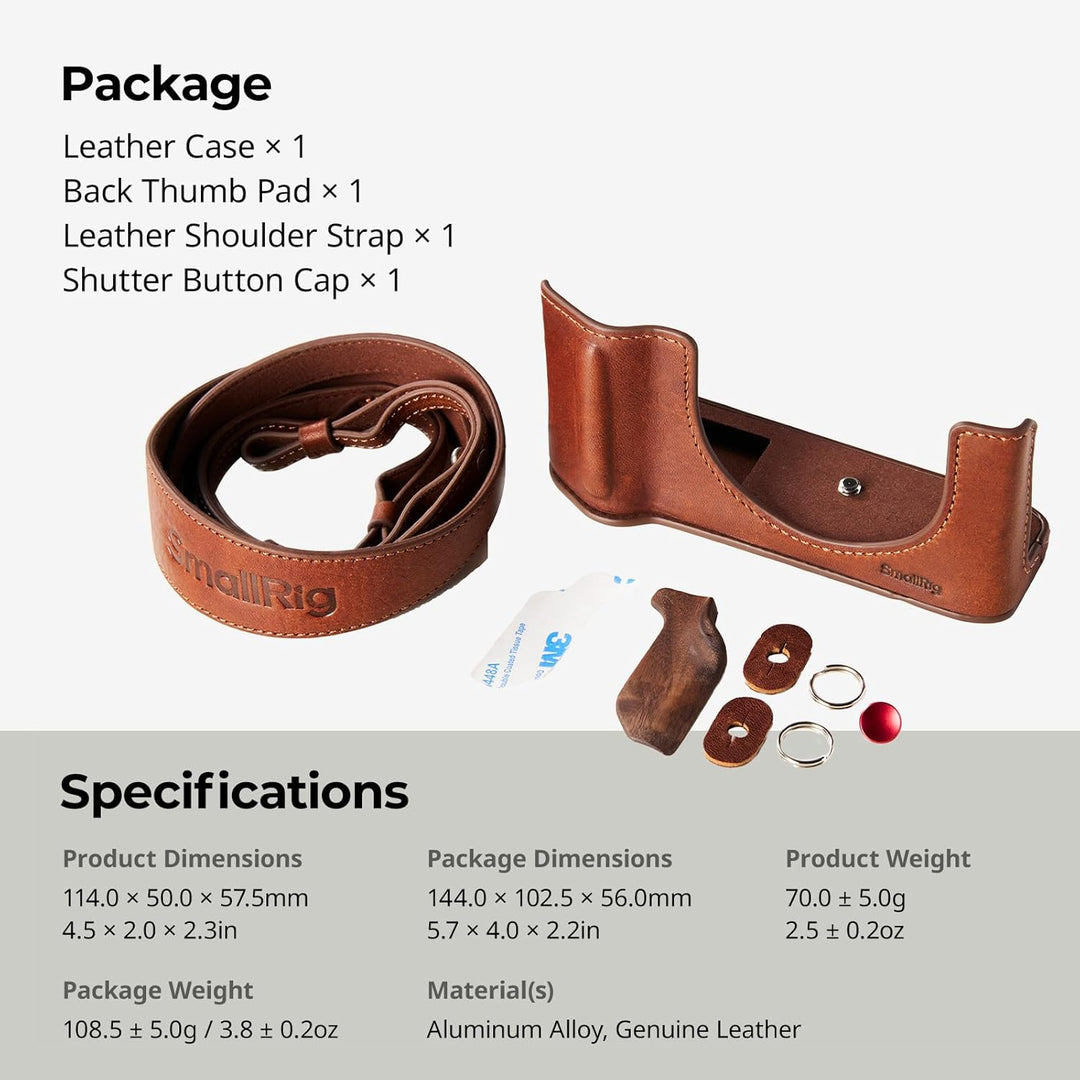 The image shows the Smallrig GFX100RF Leather Case Kit (Brown) for FUJIFILM GFX100RF, featuring a leather case, shoulder strap, and concave shutter button cap. Product details and an item list are also included.