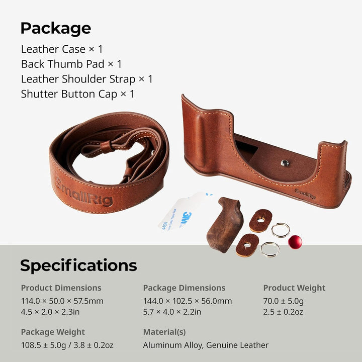 The image shows the Smallrig GFX100RF Leather Case Kit (Brown) for FUJIFILM GFX100RF, featuring a leather case, shoulder strap, and concave shutter button cap. Product details and an item list are also included.