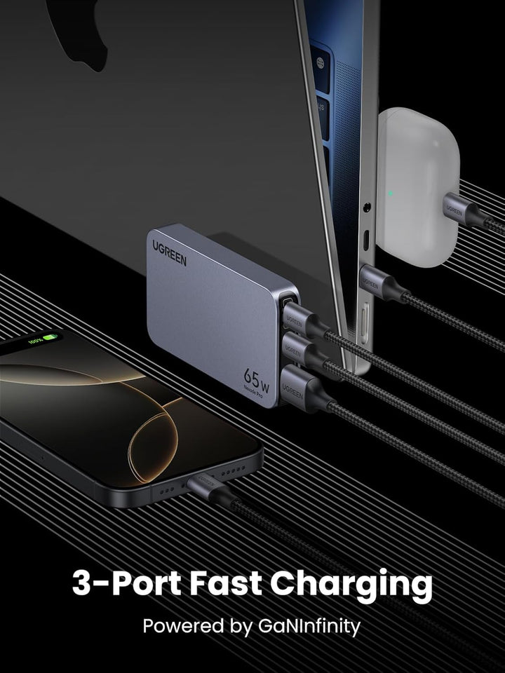 The UGREEN 65W Travel Charger, Ultra-Slim USB C Charger (Nexode Pro 3-Port GaN), powers a laptop, wireless earbuds, and a smartphone via connected braided cables on a striped black surface. Text below reads, "3-Port Fast Charging Powered by GaNInfinity.”.