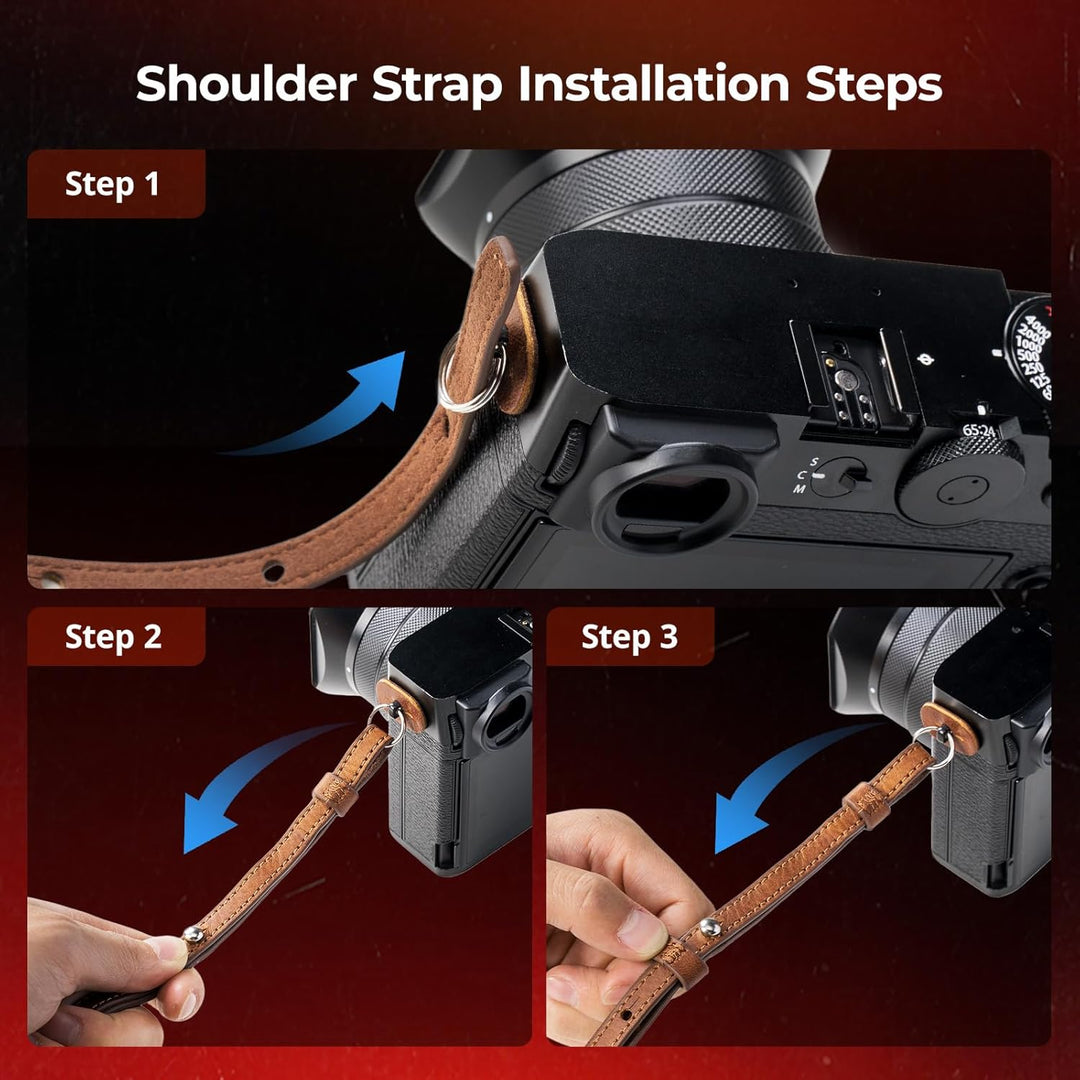 Instructional graphic shows 3 steps to attach the SmallRig GFX100RF Leather Case Kit’s shoulder strap to a FUJIFILM GFX100RF: loop through lug, fasten metal button, secure strap. Blue arrows indicate direction for vintage camera protection.