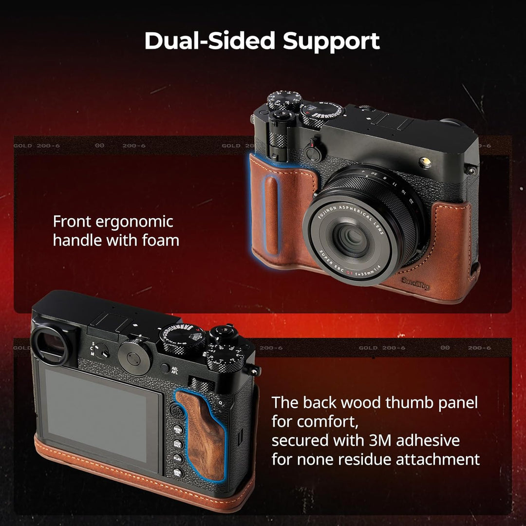 The Smallrig GFX100RF Leather Case Kit for FUJIFILM GFX100RF (Brown) includes a leather case with ergonomic foam grip, vintage 3M-secured panel, shoulder strap, and concave shutter button cap for comfort and classic style.