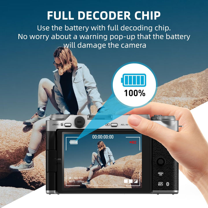 A hand holds a camera displaying a woman seated on outdoor rocks, with text: "MobileTechnica Tectra NP-W235 Battery—USB-C Fast Charging, 2.5H Full Charge, Full Decoder Chip. For Fujifilm X-T5/X-T4/X-H2S/X-H2/GFX100 II and more. No warning pop-ups.