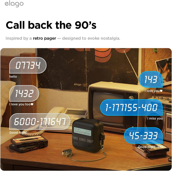 A retro-themed desk setup features Samsung Galaxy Buds 4 Pro in a MobileTechnica black pager-style cover with lanyard, plus a rotary phone, vintage TV, cassette tapes, and 90s pager code speech bubbles. Warm lighting adds nostalgic flair.