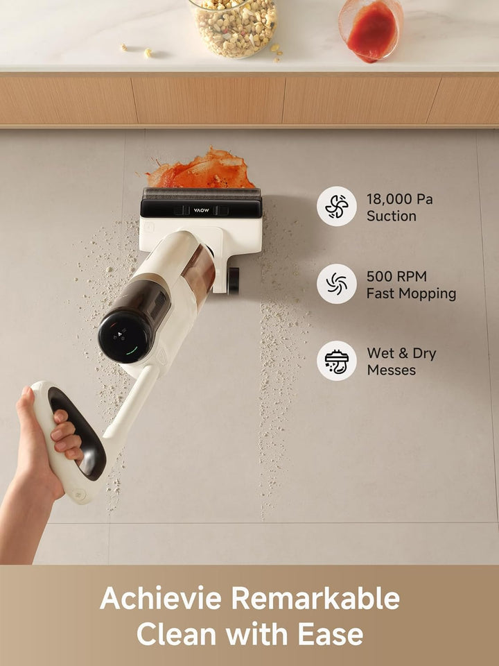 A hand uses the MobileTechnica MOVA K30 Wet Dry Vacuum Cleaner with 18kPa suction and 500 RPM mopping to clean wet red spills and dry cereal from a light floor. Icons show it handles wet/dry messes. Text: "Achieve Remarkable Clean with Ease.