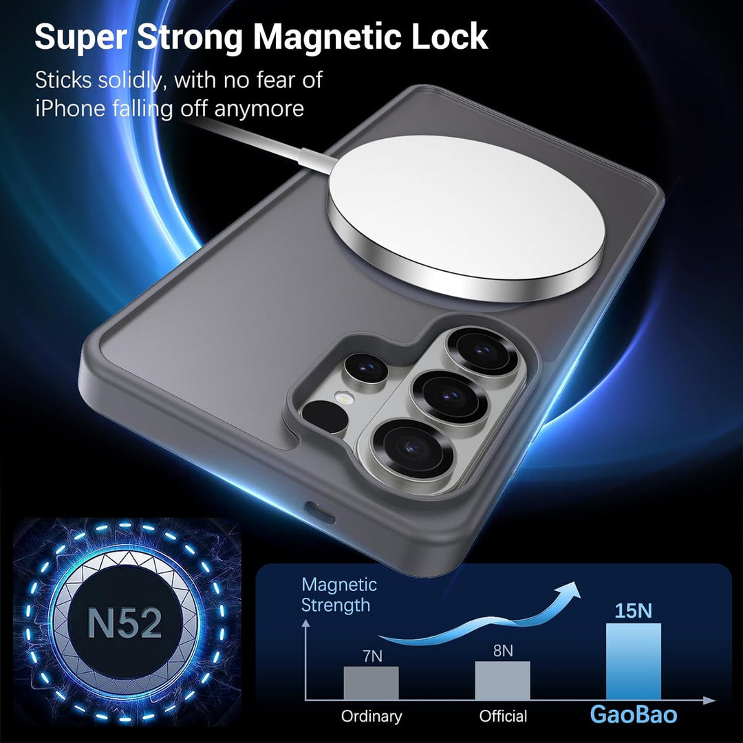 A MagSafe charger attaches to the back of a Samsung Galaxy S26 Ultra in MobileTechnica’s grey case. Text reads "Super Strong Magnetic Lock" with 15N strength, and an N52 magnet image suggests military-grade drop protection.