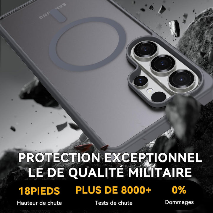 MobileTechnica’s Samsung Galaxy S26 Ultra Case with MagSafe – Grey delivers military-grade drop protection (18 pieds), shields triple rear cameras, and features “PROTECTION EXCEPTIONNELLE DE QUALITÉ MILITAIRE” text. Dark, rocky background showcases its toughness.