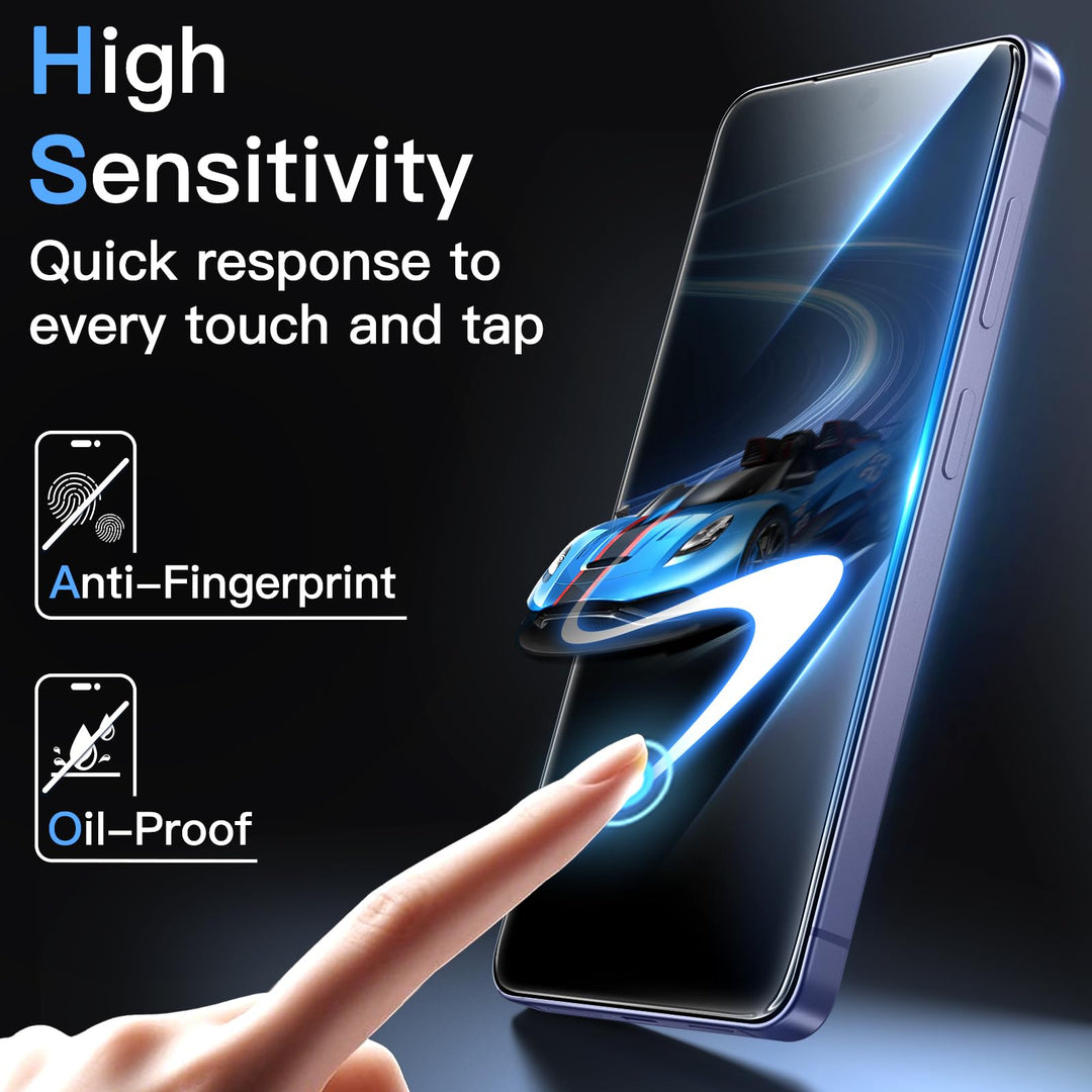 A finger touches a smartphone screen with blue light and a digital sports car, symbolizing fast response. Text: "High Sensitivity—Quick response to every tap." Icons show "Anti-Fingerprint," "Oil-Proof," and easy install for MobileTechnica Galaxy S26 Ultra Glass Film (2-Pack).