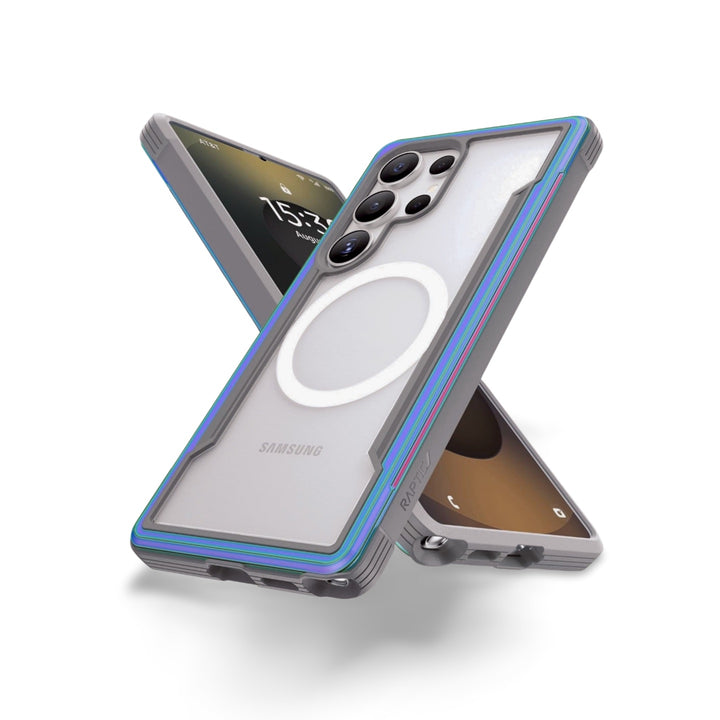 Two Samsung S25 phones intersect in an X shape, both in Raptic Shield cases with gray and blue borders. The front shows a triple camera and white MagSafe ring; the back displays a screen with “15:31.”.