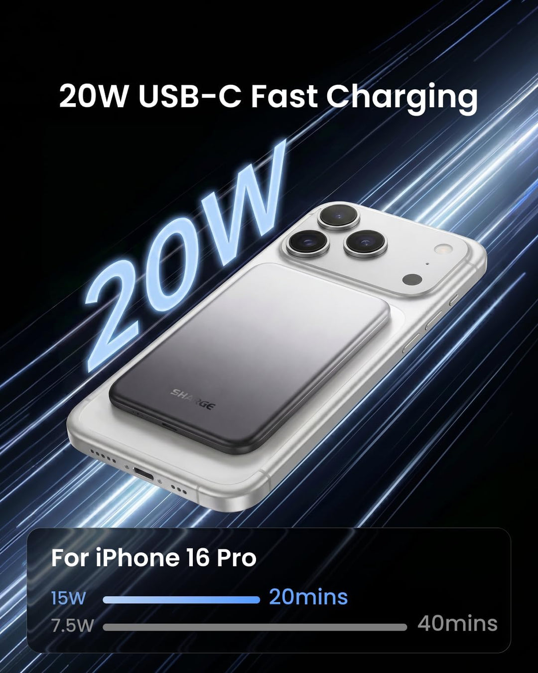 sharge Ultra Magnetic Power Bank 5000mAh, Qi2 15W Wireless Portable Charger, Fast Charging Snap-On Battery Pack for iPhone 17/16 Series