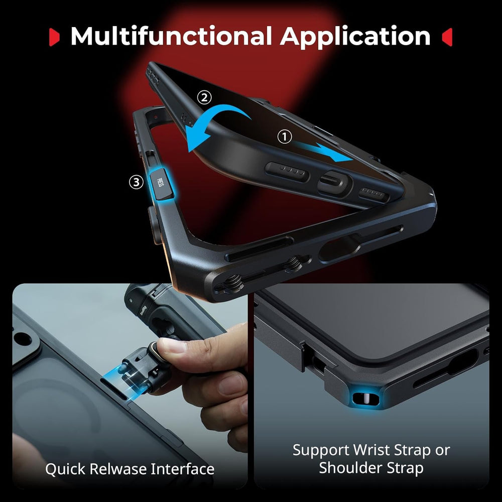 The SMALLRIG Mobile Video Cage for iPhone 17 Pro, Flagship Edition by MobileTechnica is shown in an aplus module with step-by-step arrows for attaching the detachable part, plus close-ups of the quick-release button, strap slot, and its multifunctional use.