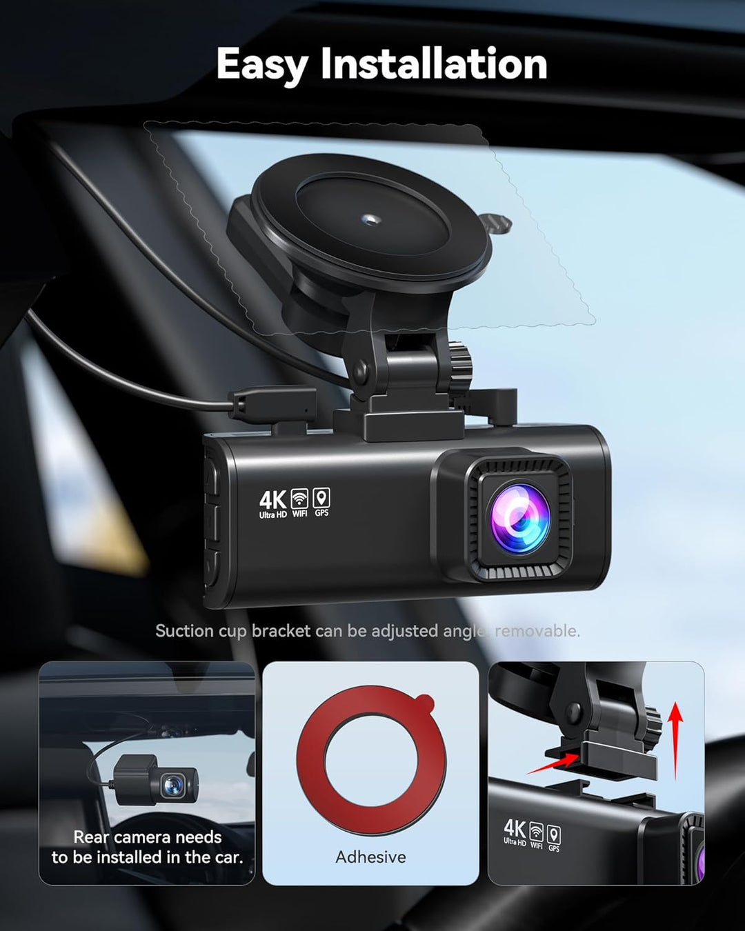 The REDTIGER Dash Cam 4K Front and 1080P Rear by MobileTechnica features a STARVIS 2 sensor, adjustable suction cup mount, removable parts, rear cam installation, adhesive ring, GPS, night vision, and easy installation icons shown.