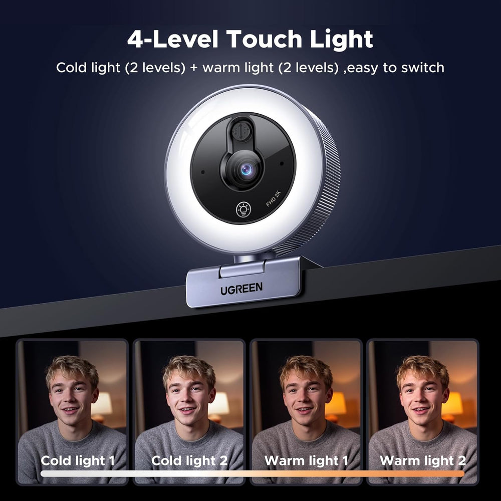 UGREEN 2K@30fps USB Webcam for PC, Adjustable Ring Light, Dual Mic for Clear Stereo Audio, Noise Cancelling, USB Web Cam Camera for Skype, Zoom Meeting, Live Streaming, Video Calling, Conferences