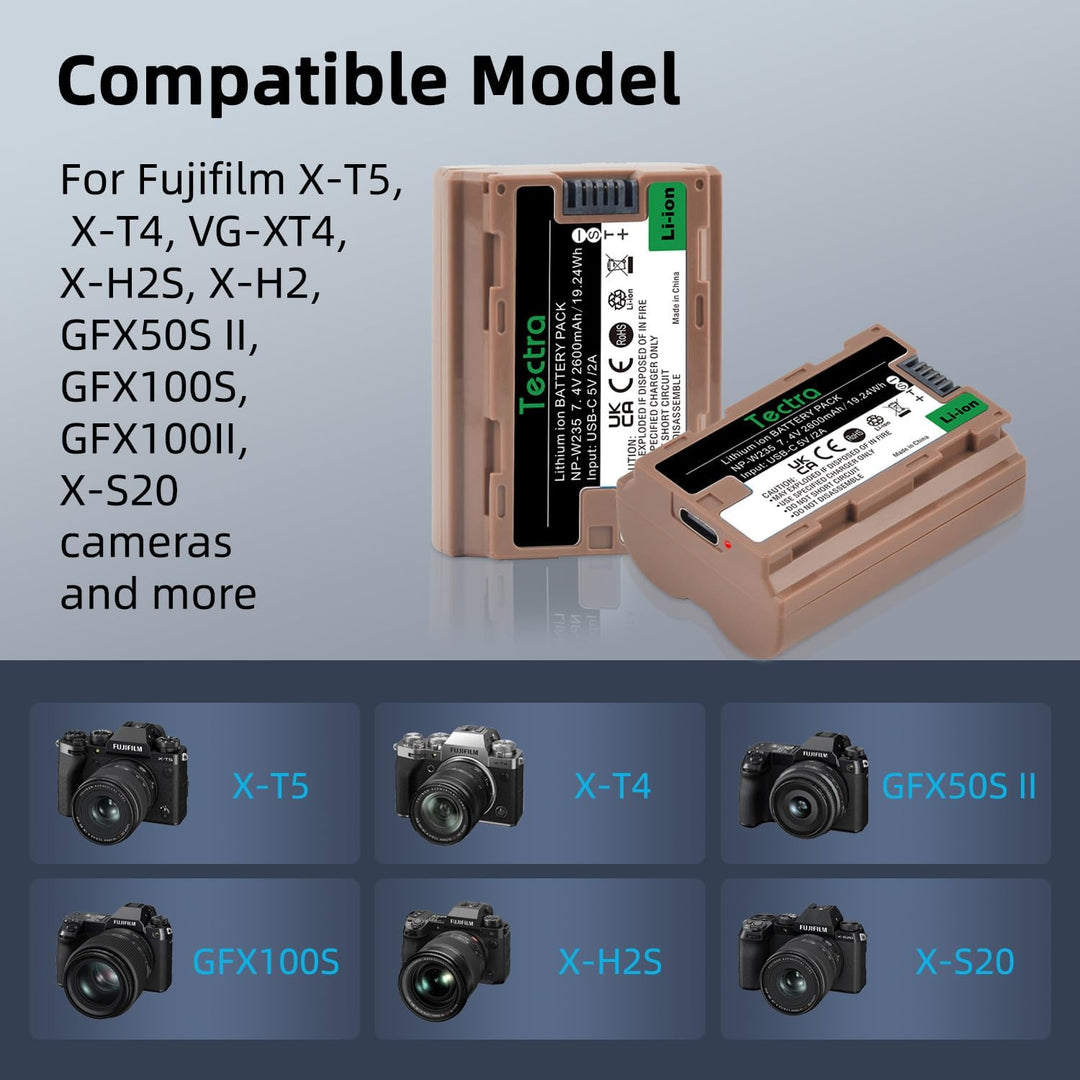Two gray Tectra NP-W235 batteries by MobileTechnica, supporting USB-C fast charging (2.5H full), are shown above a list of compatible cameras: Fujifilm X-T5, X-T4, X-H2S, GFX100 II, GFX50S II, VG-XT4, and X-S20 on a premium background.