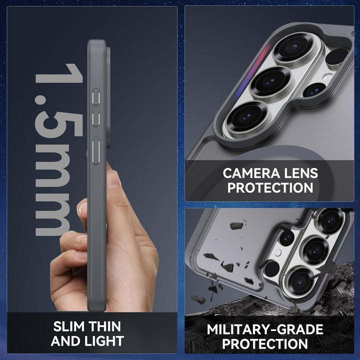 A hand holds the MobileTechnica Samsung Galaxy S26 Ultra Case with MagSafe in grey, marked "1.5mm SLIM THIN AND LIGHT." Close-ups show camera lens and military-grade drop protection, with one image on a cracked surface.