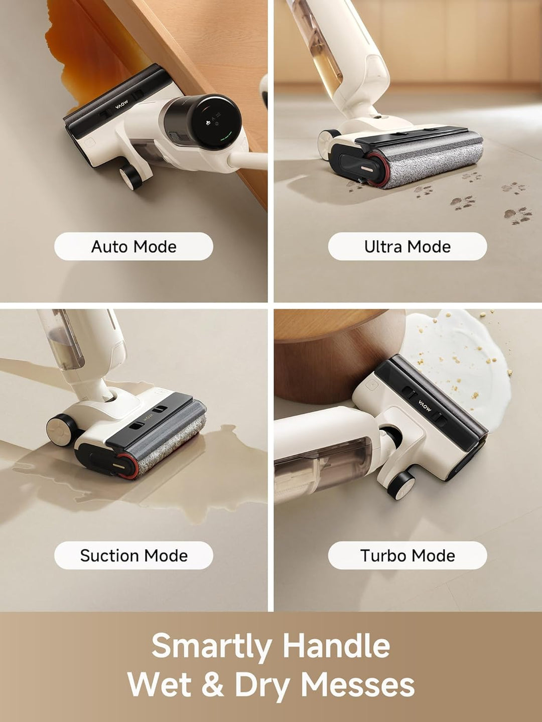 A four-panel image features the MobileTechnica MOVA K30 Wet Dry Vacuum (18k Pa suction) cleaning: Auto Mode on wood, Ultra Mode on liquid spills, Suction Mode on textured floors, and Turbo Mode on spilled milk. Text: "Smartly Handle Wet & Dry Messes.