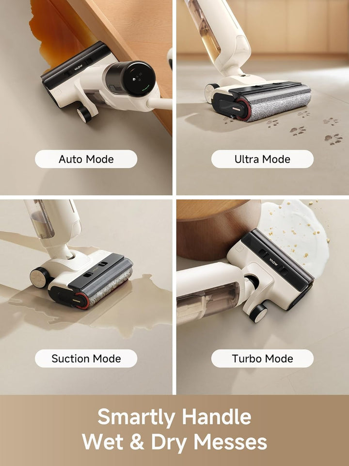 A four-panel image features the MobileTechnica MOVA K30 Wet Dry Vacuum (18k Pa suction) cleaning: Auto Mode on wood, Ultra Mode on liquid spills, Suction Mode on textured floors, and Turbo Mode on spilled milk. Text: "Smartly Handle Wet & Dry Messes.