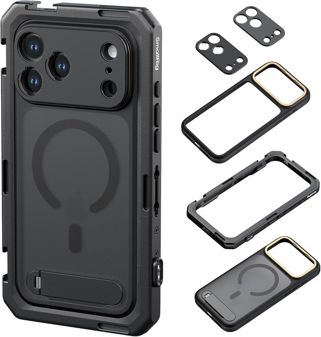 The SMALLRIG Mobile Video Cage for iPhone 17 Pro, Flagship Edition - 5542 by MobileTechnica is shown on a phone, with built-in stand, MagSafe ring, aplus module, and three interchangeable black and gold camera lens covers highlighting its modular design.
