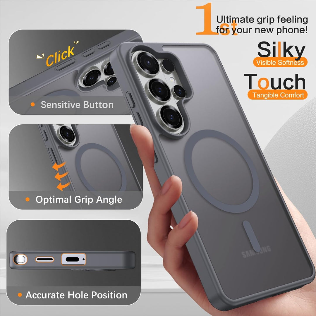 A hand holds the MobileTechnica Samsung Galaxy S26 Ultra Case with MagSafe in grey. Insets show clicky buttons, enhanced grip, and precise cutouts. Features "Silky Touch," "Tangible Comfort," magnetic compatibility, and orange accents.