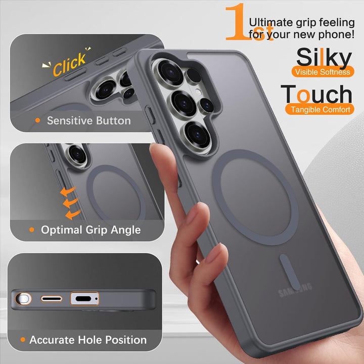 A hand holds the MobileTechnica Samsung Galaxy S26 Ultra Case with MagSafe in grey. Insets show clicky buttons, enhanced grip, and precise cutouts. Features "Silky Touch," "Tangible Comfort," magnetic compatibility, and orange accents.
