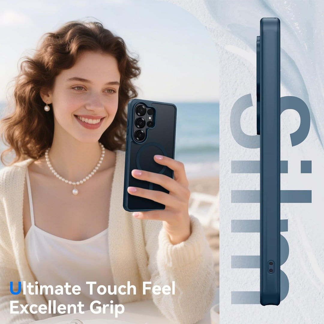 A smiling woman with wavy brown hair and pearl jewelry holds the MobileTechnica Samsung Galaxy S26 Ultra Case with MagSafe in Grey outdoors. Beside her, "Slim" is shown with the text: "Ultimate Touch Feel. Excellent Grip. Military-grade protection.