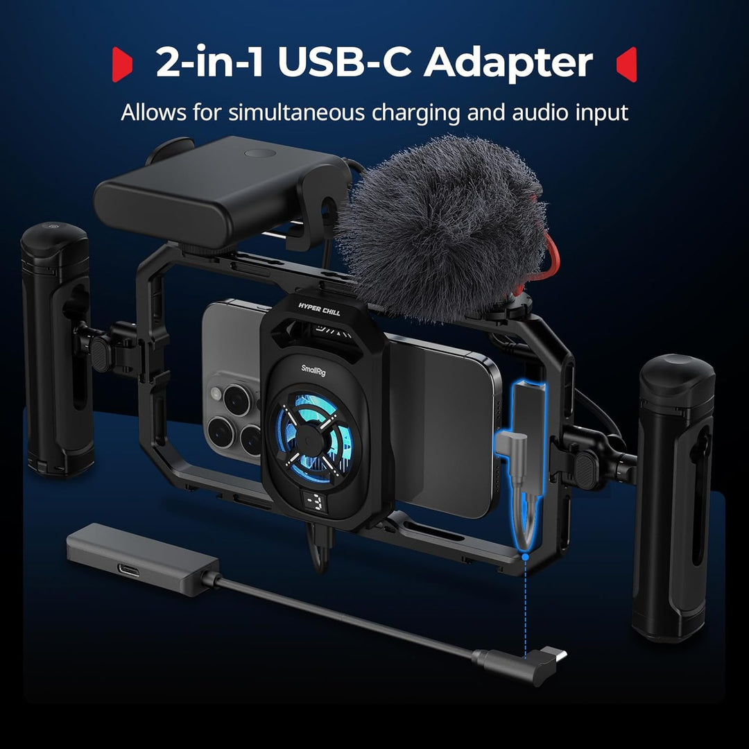 SmallRig Universal Hyper Chill Cooling Phone Cage for iPhone/Android, with 15W Active Cooler & 2-in-1 USB-C Adapter & Power Bank Holder, Compatible 2.5-3.1" Phones, Live Streaming Video Shooting-5275