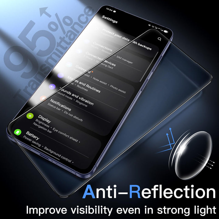 A MobileTechnica Samsung Galaxy S26 Ultra Screen Protector Glass Film (Antireflective, 2-Pack) is displayed on a reflective surface. Text: "95% Transmittance" and "Anti-Reflection." Caption: "Boost visibility even in strong light.
