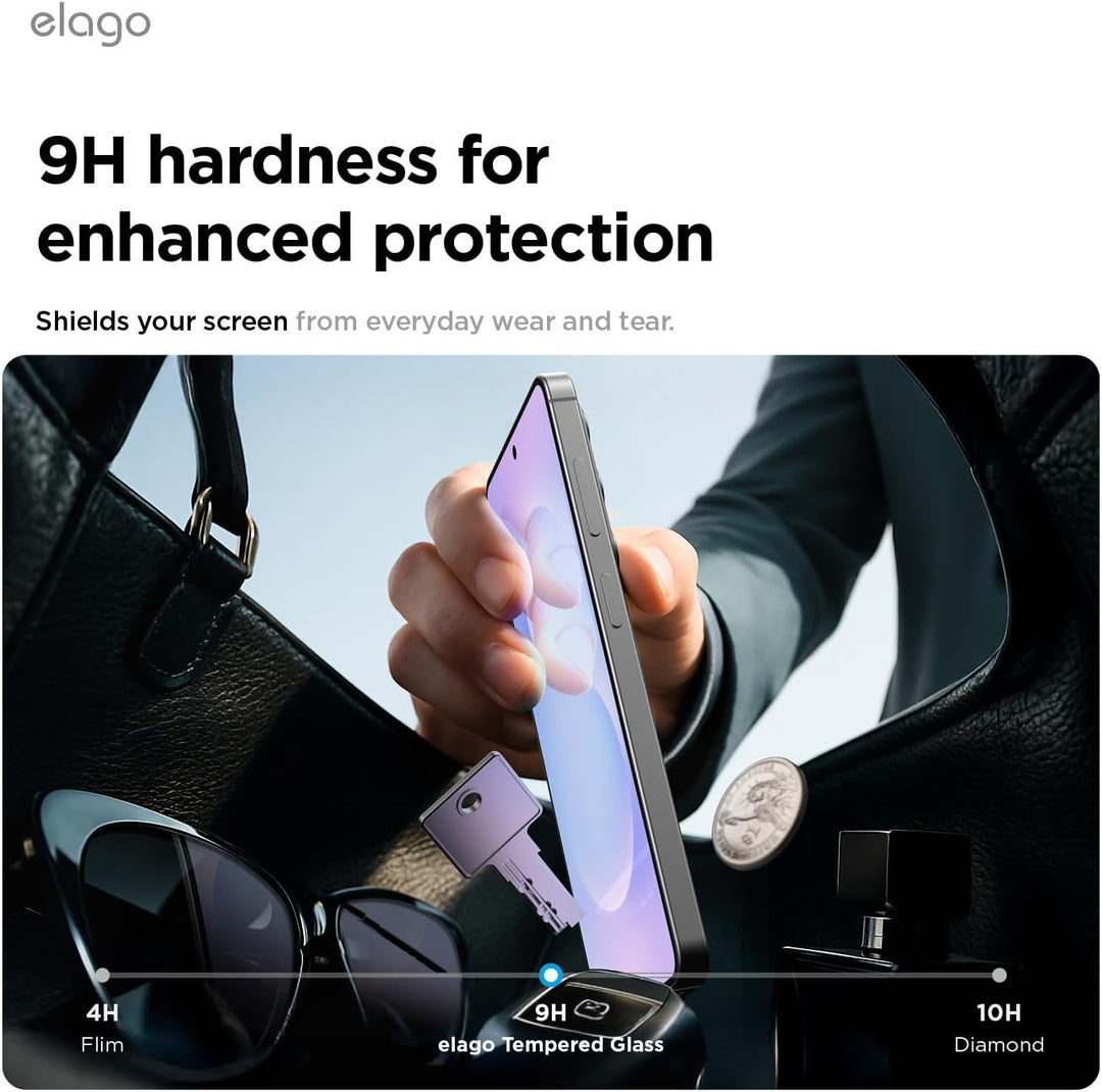 A hand holds the Samsung Galaxy S26 Ultra Screen Protector by MobileTechnica (Elago 2-pack), resisting sharp objects. Text: “9H hardness for superior protection”—compare with 4H film and 10H diamond by swiping for details.